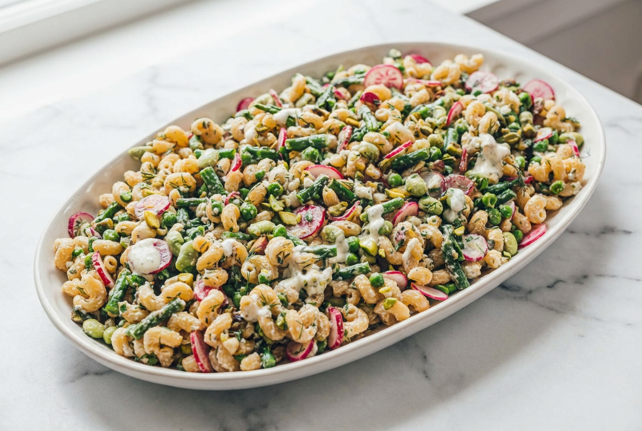 A vibrant high protein vegetarian pasta salad topped with a generous dollop of creamy Whipped Feta & Herb Dressing, fresh dill, and colorful radishes.