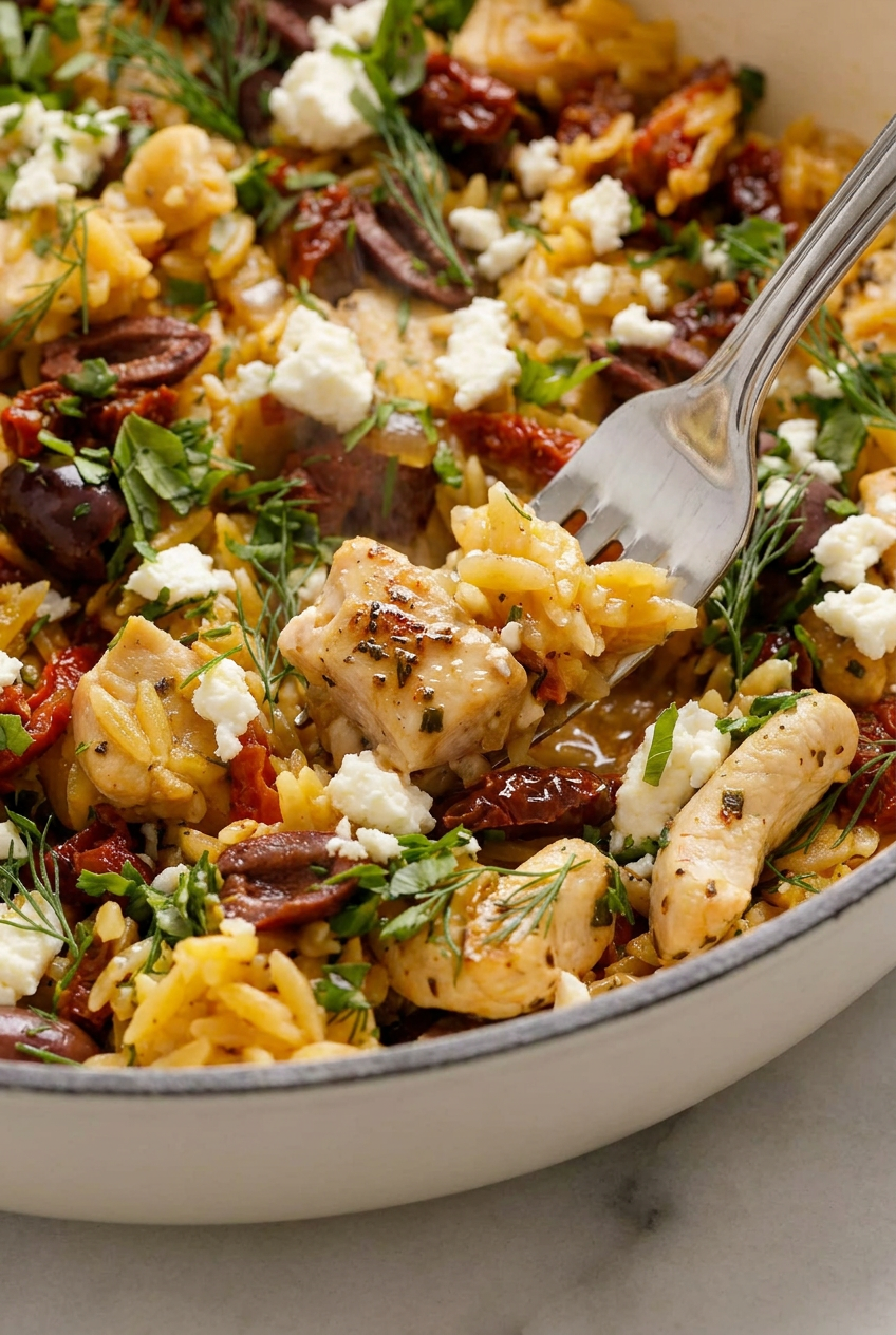 A close-up view of a serving of mediterranean chicken and orzo, showcasing the tender chicken, orzo, and colorful vegetables, garnished with fresh herbs.