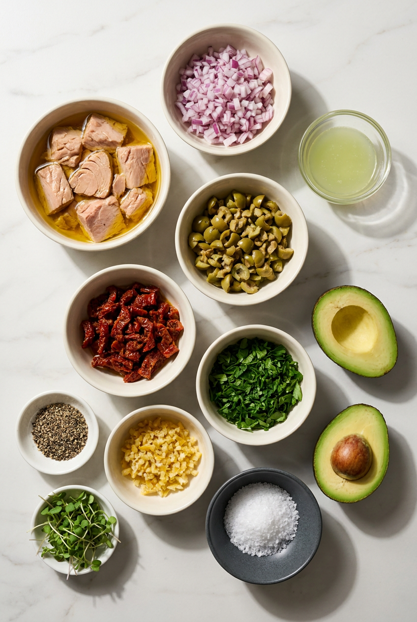 Ingredients for avocado tuna salad boats laid out, including ripe avocados, canned tuna, fresh red onion, and lime.