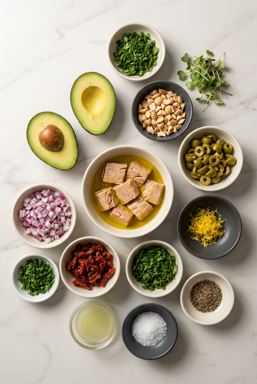 Overhead view of fresh avocados, canned tuna, red onion, lime, Marcona almonds, and lemon zest for avocado tuna salad boats.