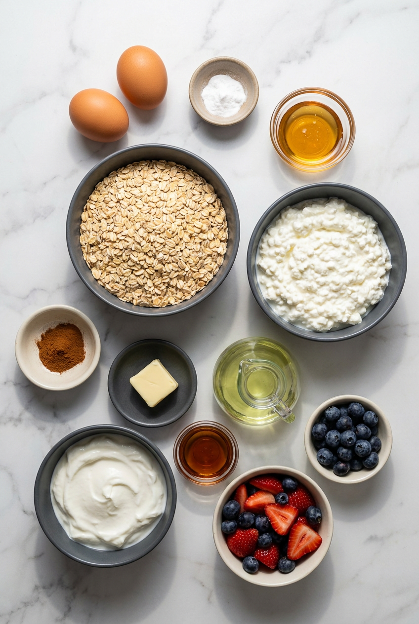 Overhead view of raw ingredients for high protein cottage cheese pancakes, featuring cottage cheese, rolled oats, eggs, and a small bowl of golden browned butter.