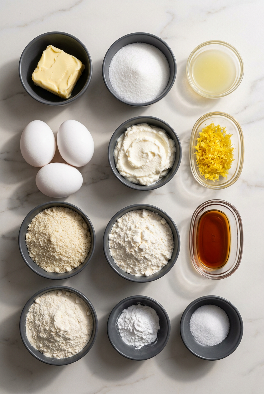 Flat lay of high protein lemon ricotta cake ingredients including ricotta cheese, almond flour, fresh lemons, eggs, and a scoop of protein powder.
