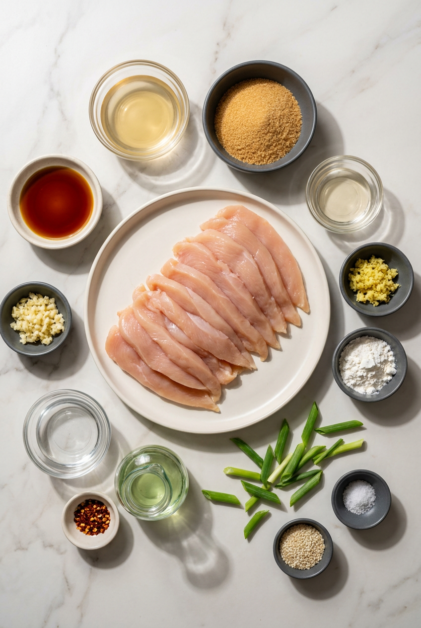 Raw ingredients for high protein low calorie mongolian chicken, including sliced chicken breast, fresh garlic, ginger, low-sodium soy sauce, cornstarch, and chopped scallions, arranged on a surface.