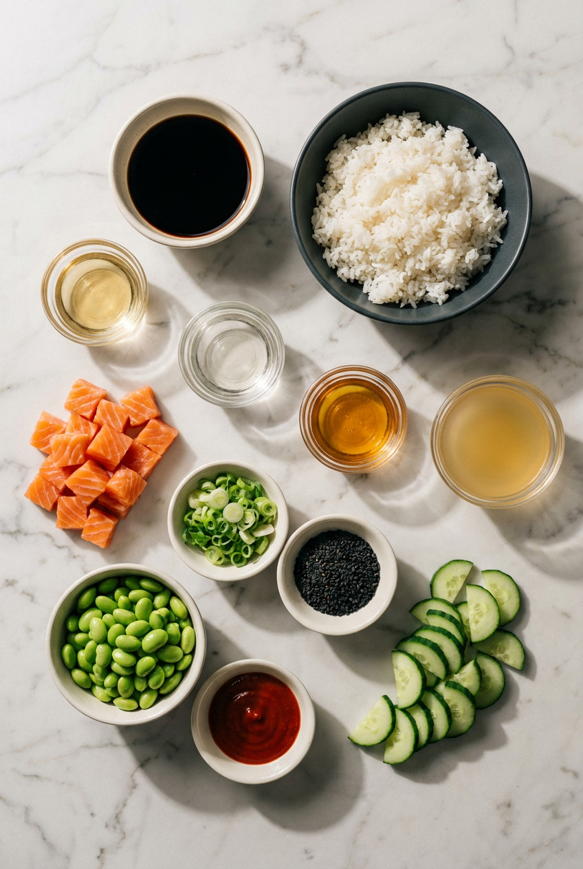 Top-down view of raw salmon fillets, fresh ginger, miso, yogurt, tamari, and other ingredients for high protein low calorie teriyaki salmon bowls.
