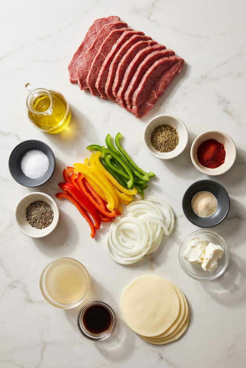 Raw ingredients for a high protein low carb philly cheesesteak casserole, including thinly shaved steak, bell peppers, onion, mushrooms, and provolone cheese, laid out on a surface.