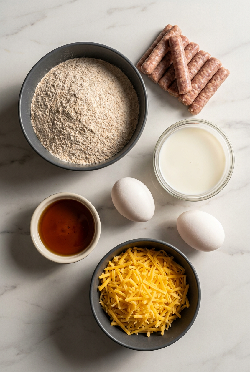 A flat lay of ingredients for high protein pancake sausage mini muffins, including Kodiak pancake mix, breakfast sausage links, shredded cheddar cheese, and maple syrup.