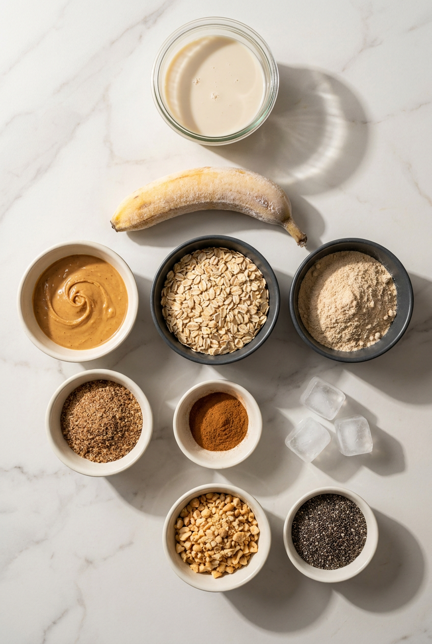 Overhead view of high protein peanut butter smoothie ingredients, including rolled oats, banana, peanut butter, and protein powder.