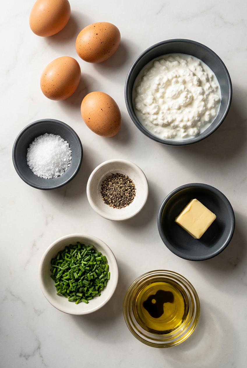 Overhead view of raw ingredients for high protein scrambled eggs, including whole eggs, cottage cheese, fresh chives, salt, and pepper.