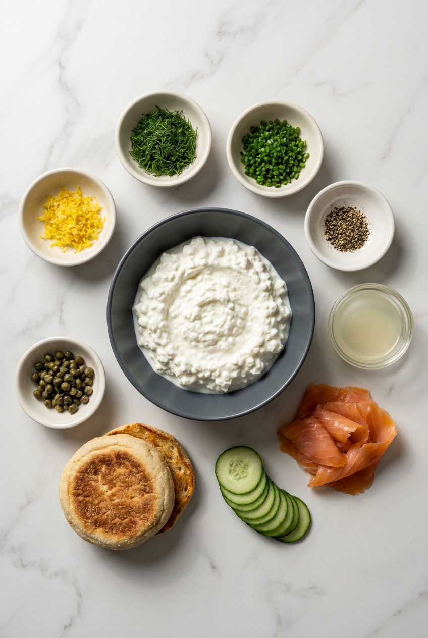 A flat lay of fresh ingredients for a high protein smoked salmon bagel: bagels, smoked salmon, a bowl of cottage cheese, fresh dill, chives, capers, and a lemon.