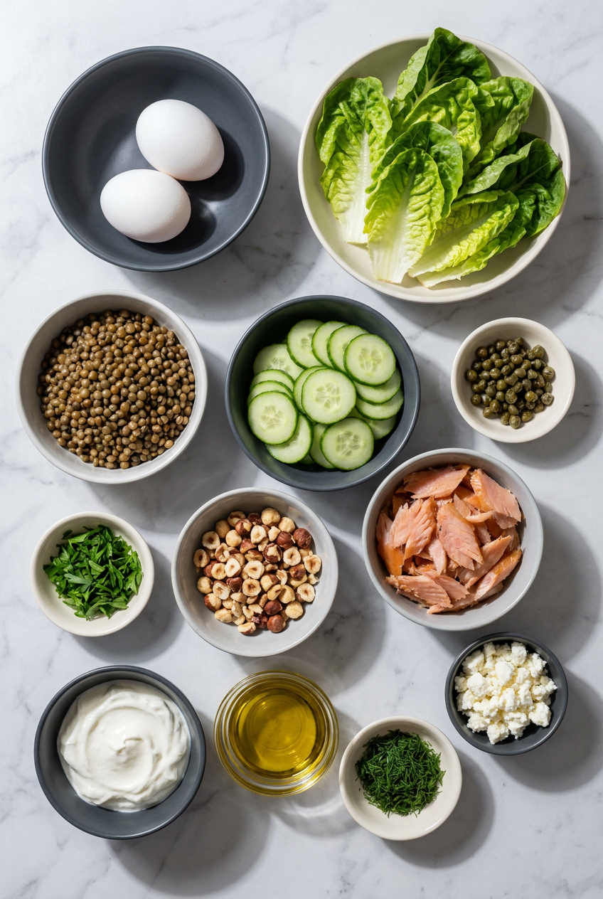 Flat lay of raw ingredients for a high protein smoked trout brunch platter, including hot-smoked trout fillets, jammy eggs, fresh dill, capers, lemons, feta cheese, and baby gem lettuce.