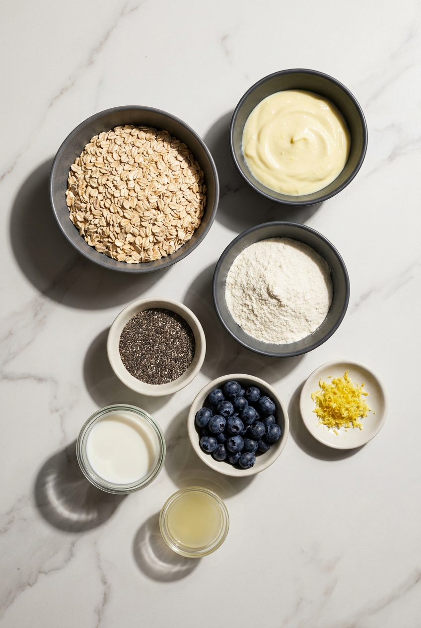Overhead view of raw ingredients for lemon blueberry protein overnight oats, including rolled oats, fresh blueberries, Greek yogurt, and a whole lemon.