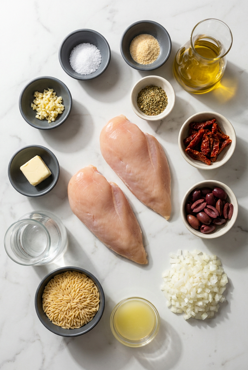Raw ingredients for mediterranean chicken and orzo, including chicken breast, orzo pasta, Kalamata olives, sun-dried tomatoes, and fresh lemon, arranged on a flat surface.