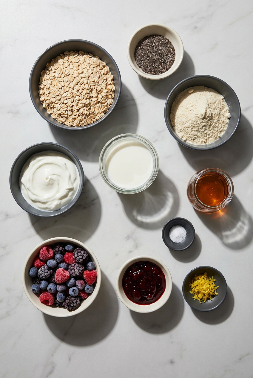 Ingredients for mixed berry protein overnight oats laid out, including rolled oats, protein powder, mixed berries, and a jar of jam.
