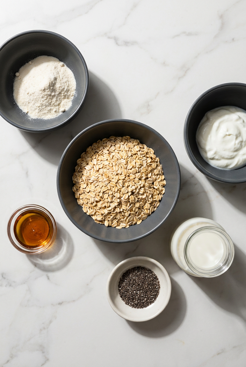 Overhead view of raw ingredients for protein overnight oats with protein powder, including rolled oats, protein powder, chia seeds, and almond milk.