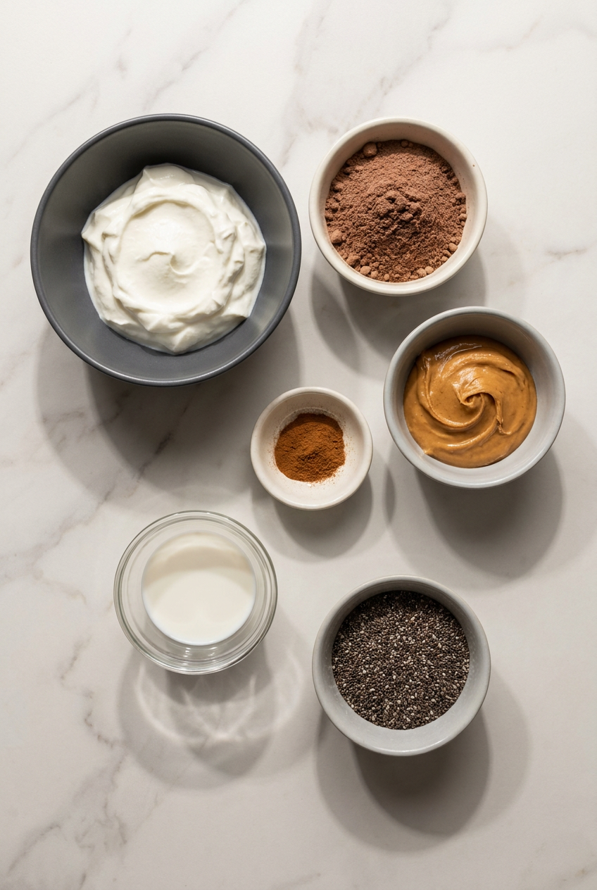 Top-down view of protein yogurt bowl ingredients: Greek yogurt, protein powder, berries, and chia seeds on a light surface.