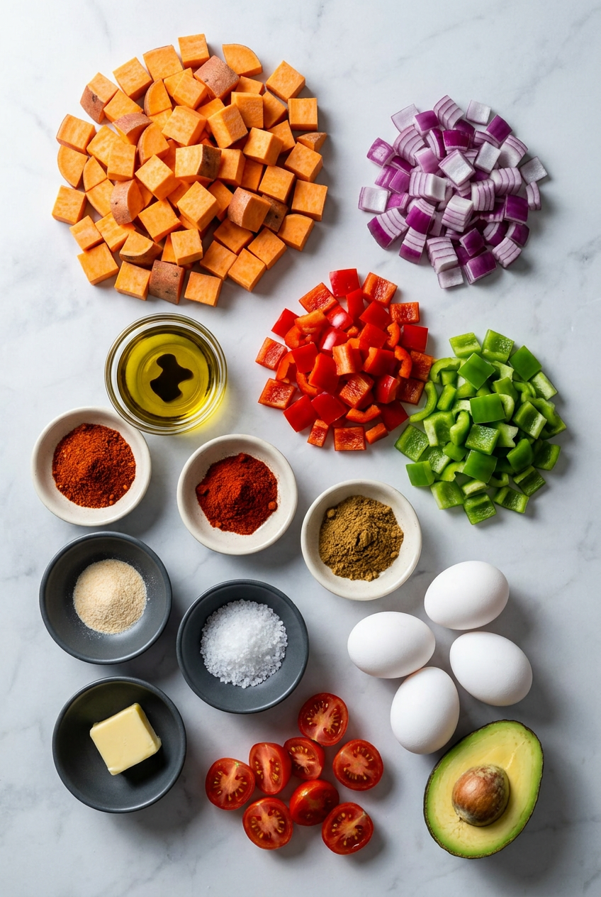 Raw ingredients for tex mex protein breakfast bowls, including sweet potatoes, black beans, eggs, avocado, and various spices.