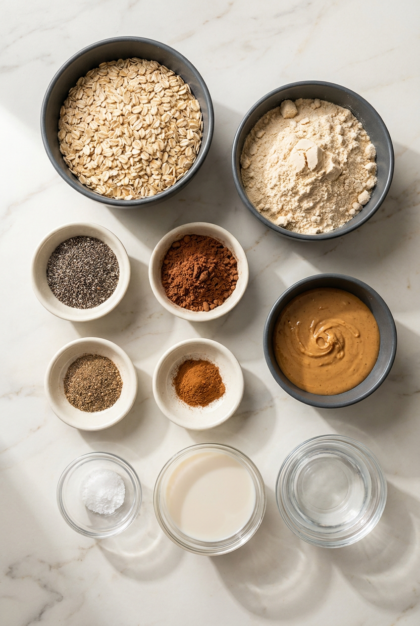 Raw ingredients for chocolate peanut butter protein overnight oats laid out on a surface, including rolled oats, protein powder, cocoa powder, chia seeds, and peanut butter.