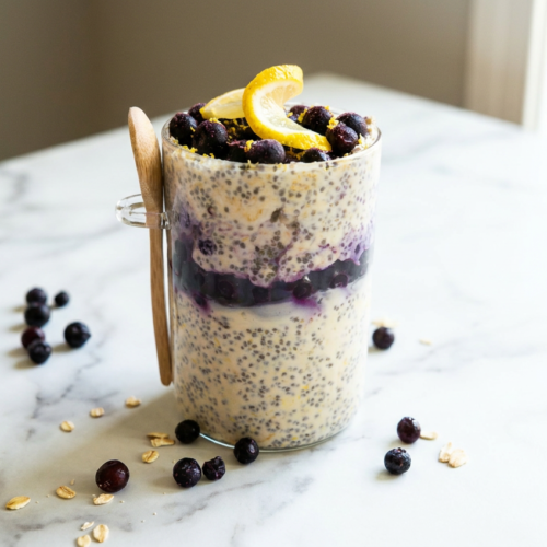 Layered lemon blueberry protein overnight oats in a glass jar, topped with fresh blueberries and a creamy lemon swirl.