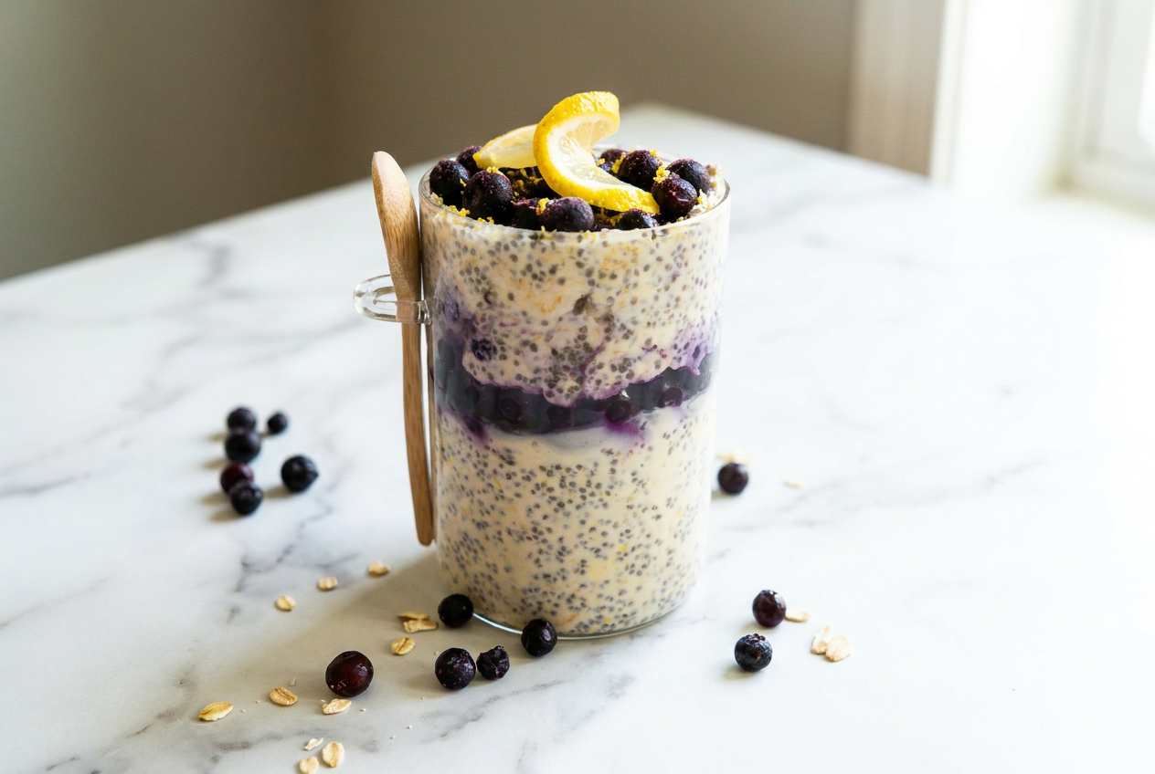 Layered lemon blueberry protein overnight oats in a glass jar, topped with fresh blueberries and a creamy lemon swirl.