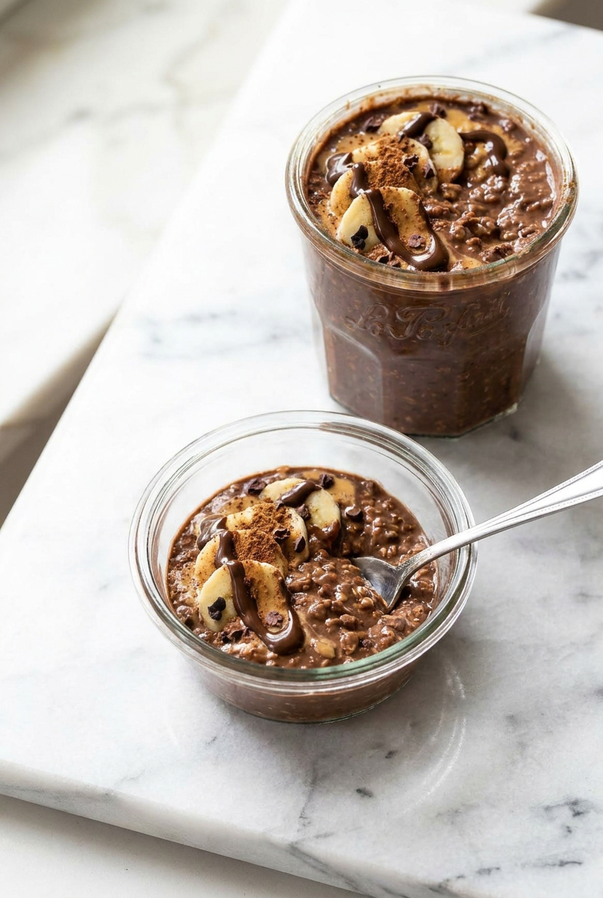 A glass jar of chocolate peanut butter protein overnight oats with a spoon, ready for a high-protein breakfast or meal prep.