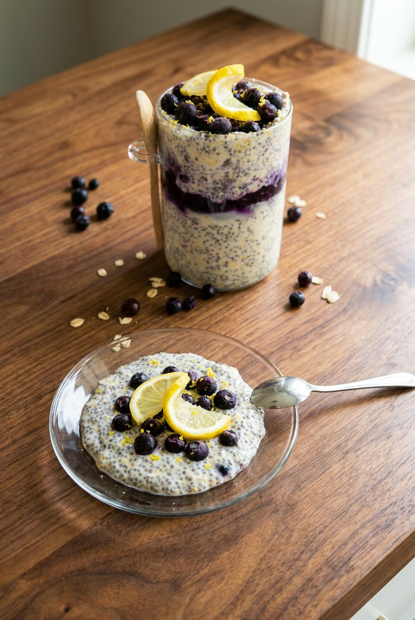 Two glass mason jars filled with lemon blueberry protein overnight oats, ready for meal prep or a grab-and-go breakfast.