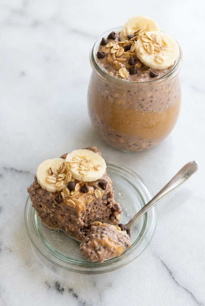 A mason jar filled with prepared protein overnight oats, ready for meal prep, showing layers of oats and potential fruit toppings.