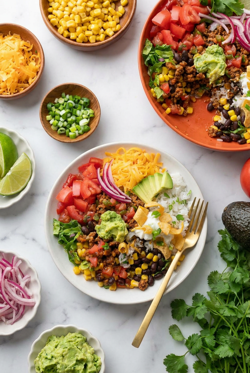 Three southwest ground turkey taco bowls prepared in individual meal prep containers for a quick and healthy lunch.