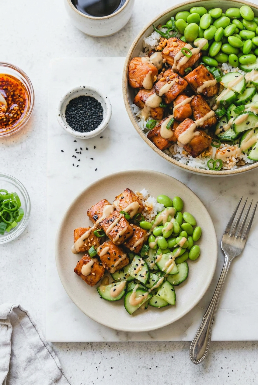 Multiple high protein low calorie teriyaki salmon bowls neatly packed for meal prep, showing rice, salmon, and vegetables.