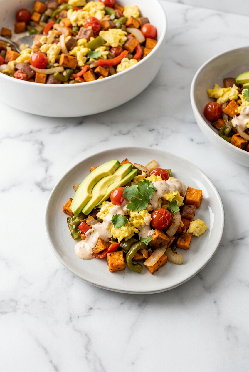 Multiple prepped tex mex protein breakfast bowls in glass containers for easy meal planning.