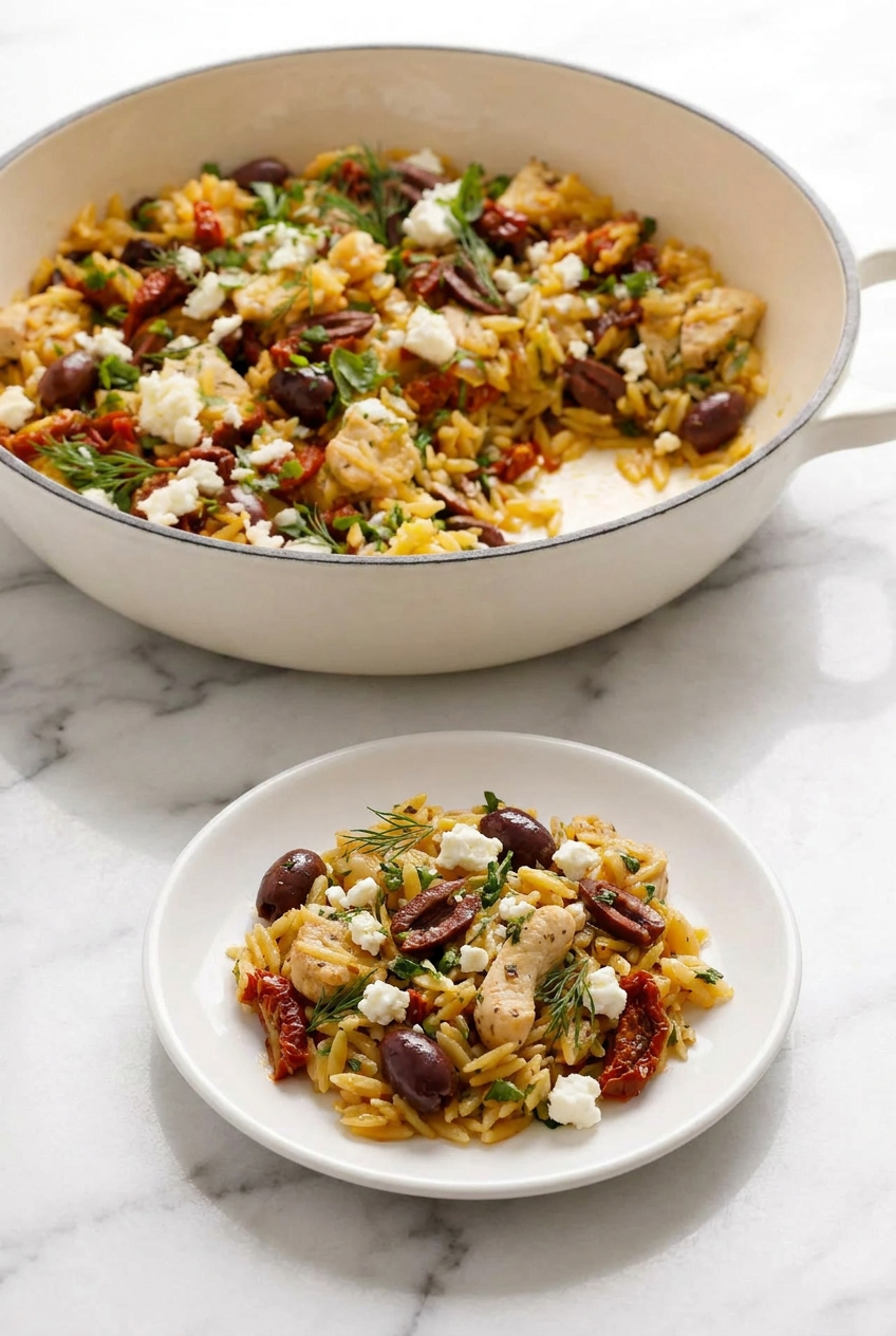 A cast iron skillet filled with freshly cooked mediterranean chicken and orzo, topped with fresh parsley and ready for serving.