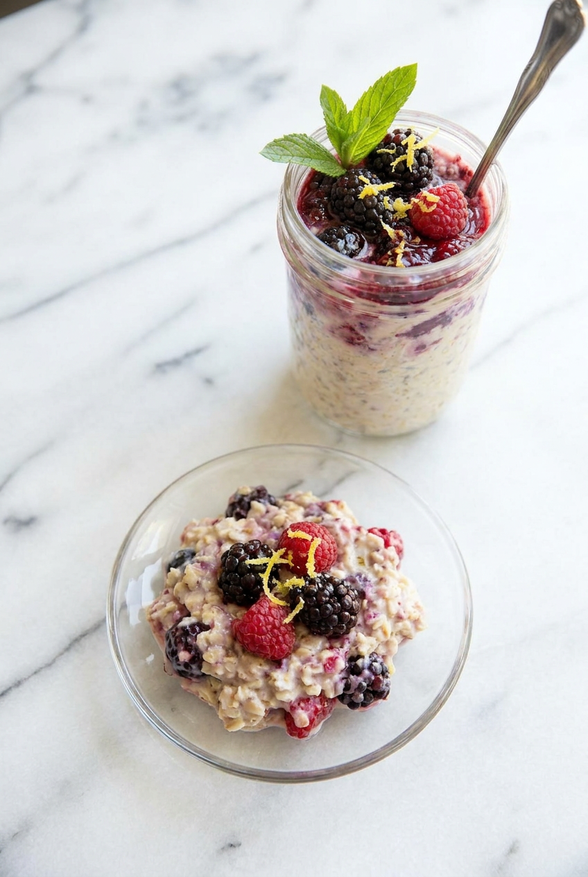 Two jars of mixed berry protein overnight oats prepared for meal prep, one topped with berries, ready for storage.
