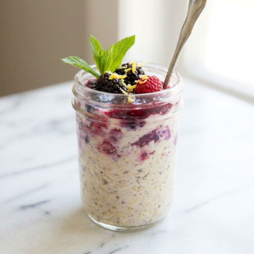 Mixed berry protein overnight oats in a glass jar, topped with fresh blueberries, raspberries, and whole rolled oats.