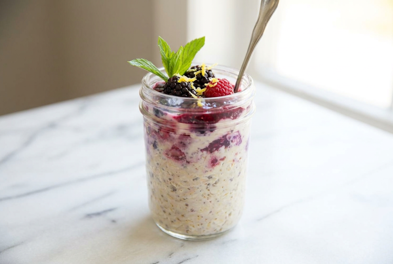 Mixed berry protein overnight oats in a glass jar, topped with fresh blueberries, raspberries, and whole rolled oats.