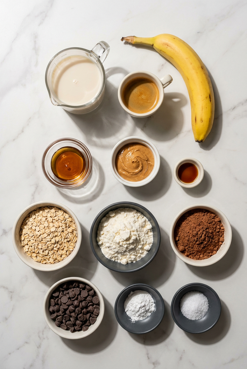 A flat lay of raw ingredients for mocha protein baked oats, including rolled oats, vanilla protein powder, a shot of espresso, and dark chocolate chunks.