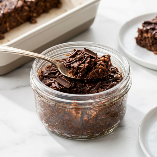 Warm mocha protein baked oats in a rustic ramekin, topped with a drizzle of melted dark chocolate and a few coffee beans.