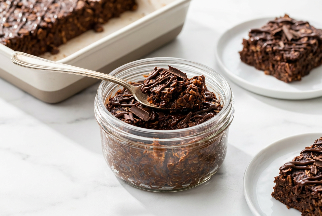 Warm mocha protein baked oats in a rustic ramekin, topped with a drizzle of melted dark chocolate and a few coffee beans.