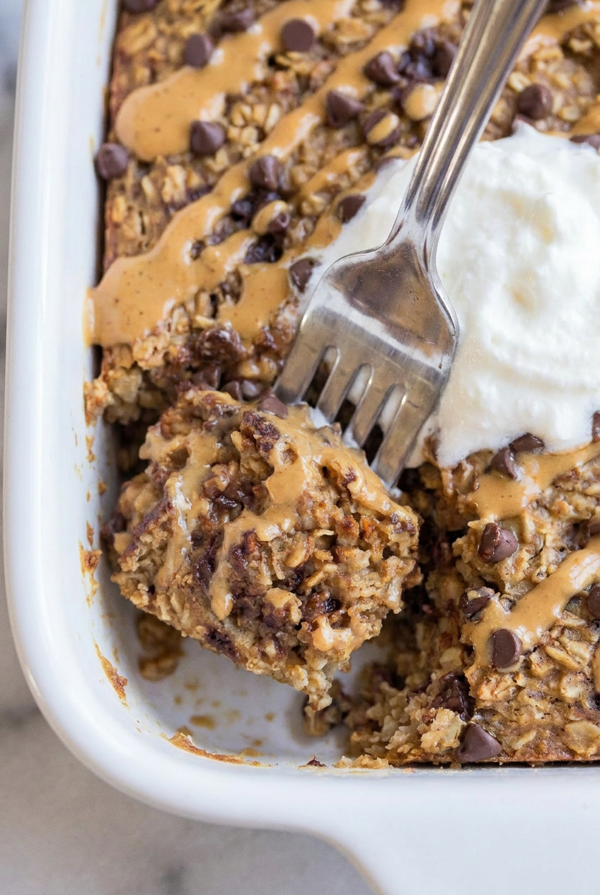 A close-up view of a spoon scooping into a moist, fluffy portion of high protein baked oatmeal, showing its tender, thick texture.