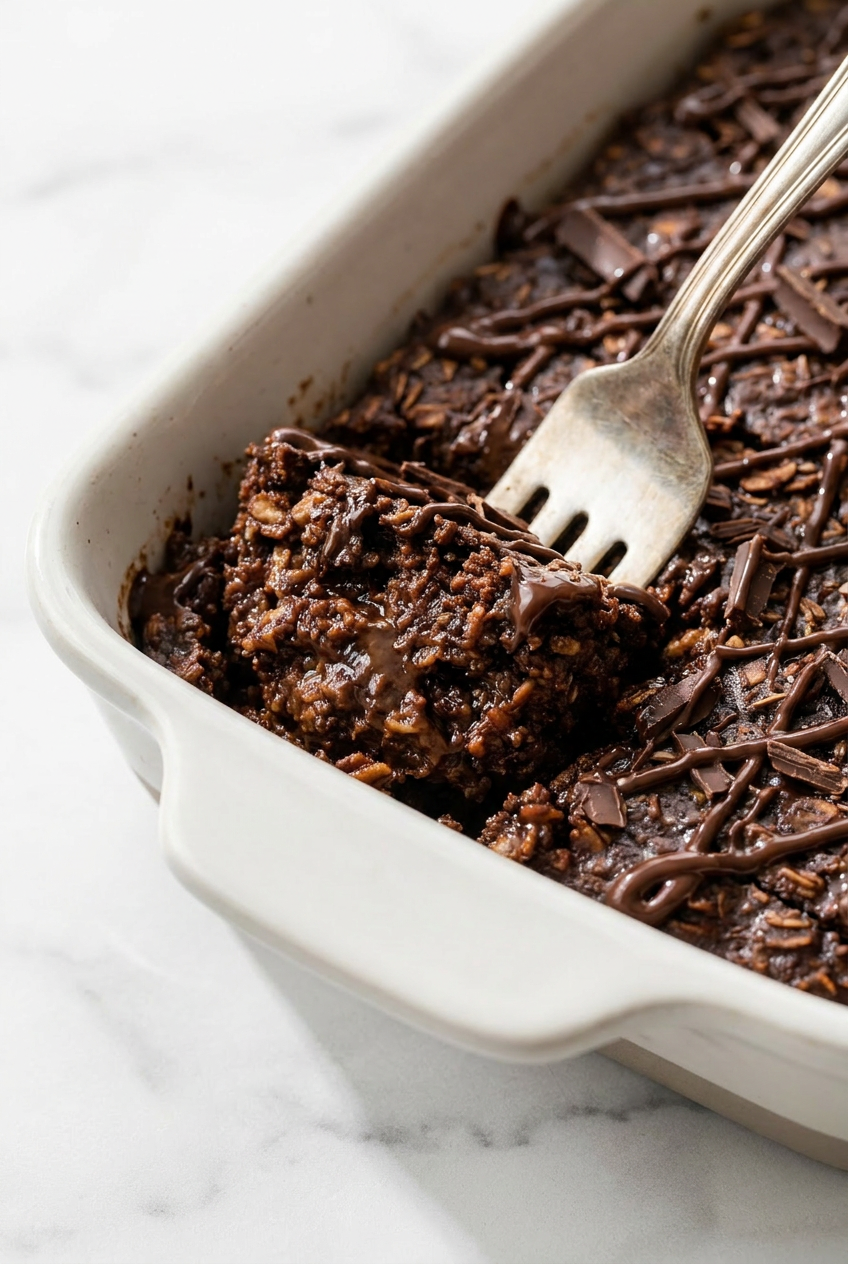 Close-up of the moist, tender crumb of baked mocha protein oats, revealing the dark chocolate swirls and cake-like texture.