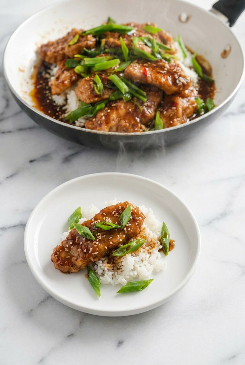 A single portion of high protein low calorie mongolian chicken served in a bowl with a side of fluffy cauliflower rice, ready for meal prep.