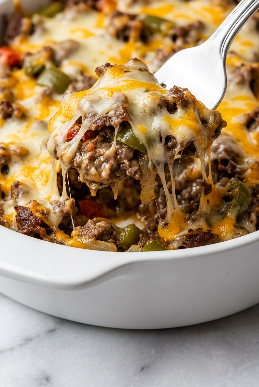 A portion of the high protein low carb philly cheesesteak casserole scooped onto a plate, showing its creamy texture and integrated ingredients, free from excess liquid.