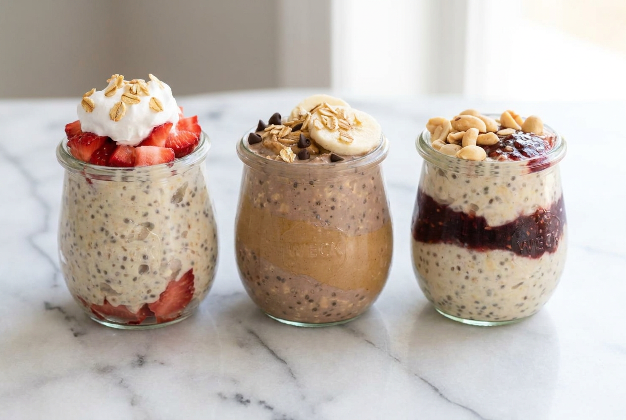 Creamy protein overnight oats with protein powder, topped with fresh raspberries, blueberries, and chopped nuts in a glass jar.