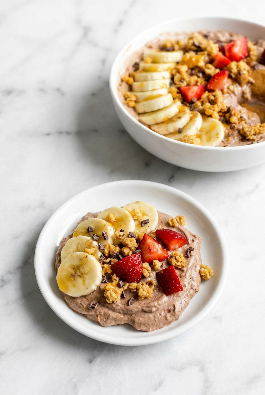 A protein yogurt bowl ready to be enjoyed as a healthy breakfast or snack on a wooden table.