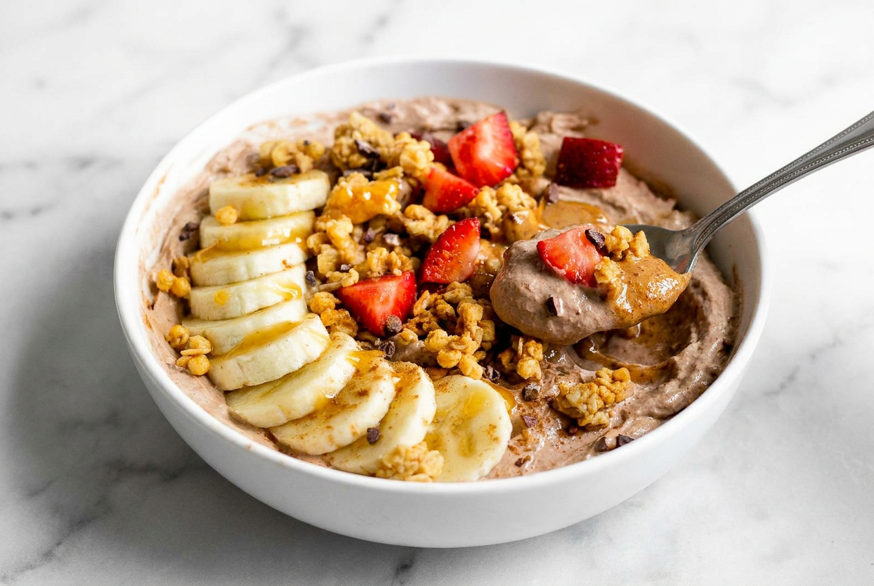 Fluffy protein yogurt bowl with whipped mousse texture, topped with fresh berries, granola, and chia seeds.