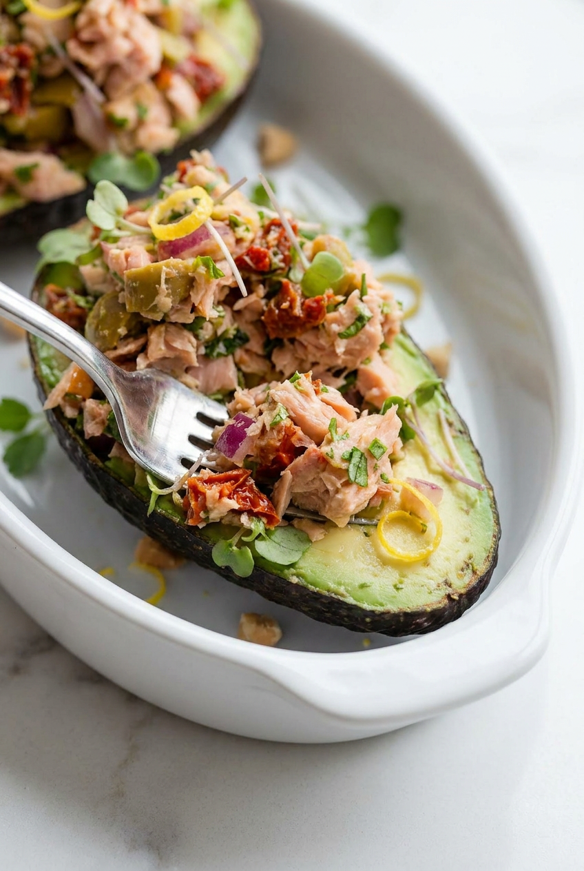 A single, perfectly portioned avocado tuna salad boat, garnished with fresh herbs and a sprinkle of vibrant lemon zest.