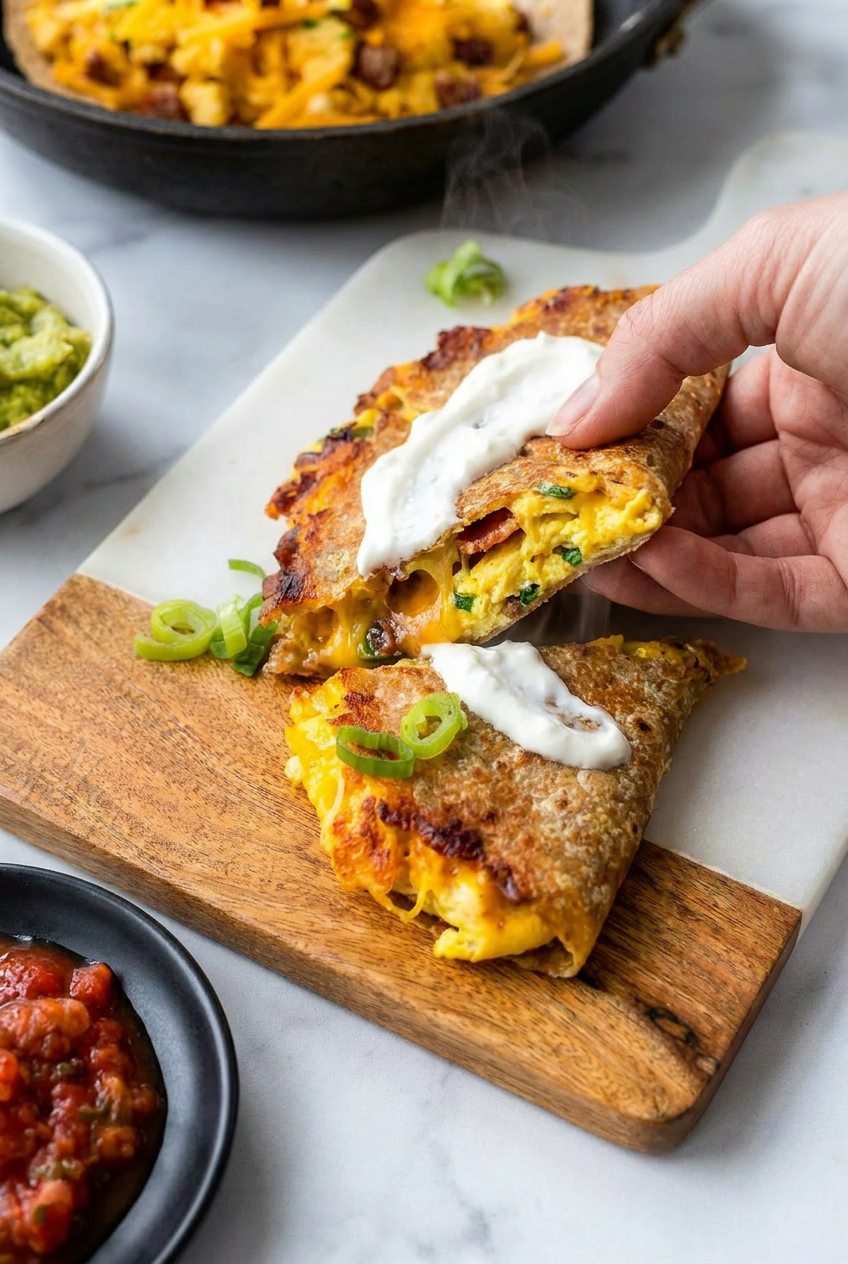A complete serving of a breakfast quesadilla with fluffy egg and cheese filling, arranged as a fulfilling high protein breakfast meal on a clean plate.