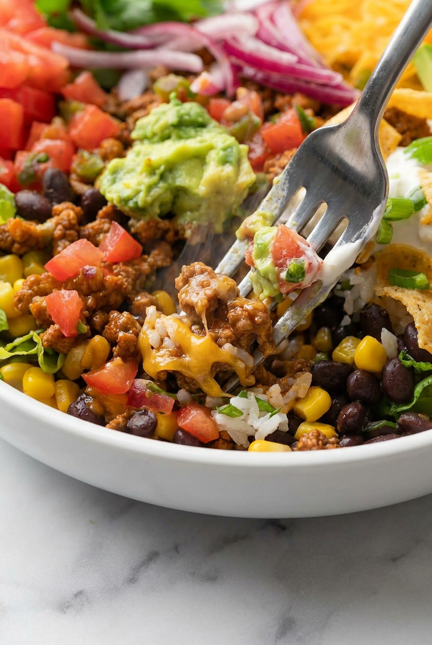 A close-up of a serving spoon scooping the seasoned ground turkey mixture with visible Rotel and corn, ready for southwest taco bowls.