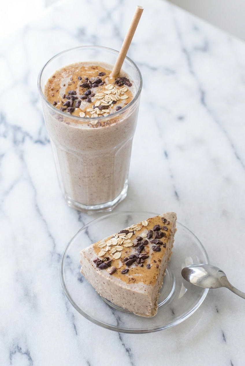 A high protein peanut butter smoothie served in a clear glass, ready for a quick breakfast or post-workout recovery.