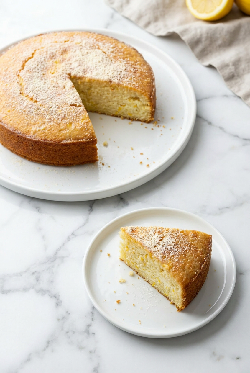 A slice of high protein lemon ricotta cake on a small white plate, ready to be enjoyed as a light dessert or snack.