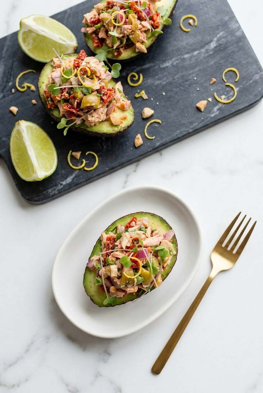 Two vibrant avocado tuna salad boats arranged on a modern ceramic plate, ready for a healthy lunch.