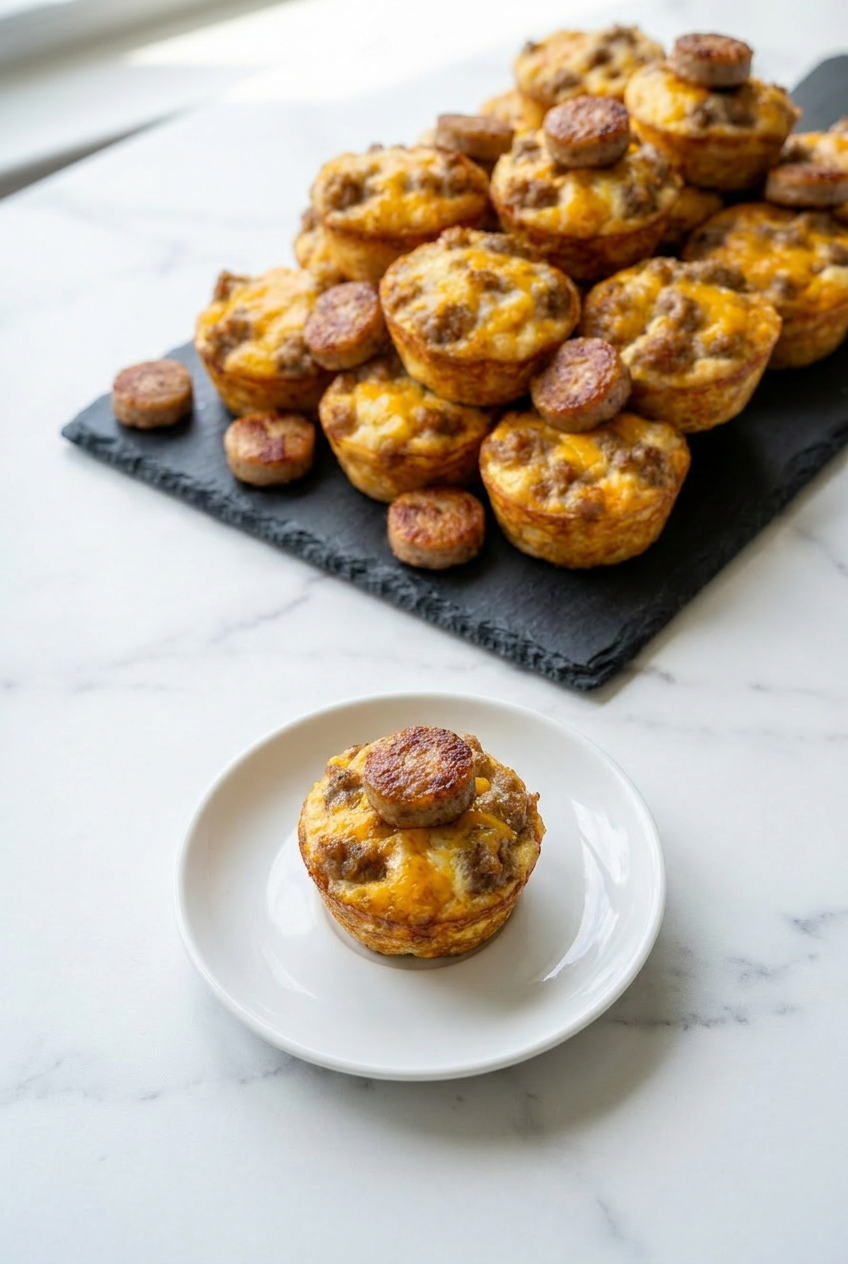 A small stack of high protein pancake sausage mini muffins served in a bowl, ready for a delicious breakfast.
